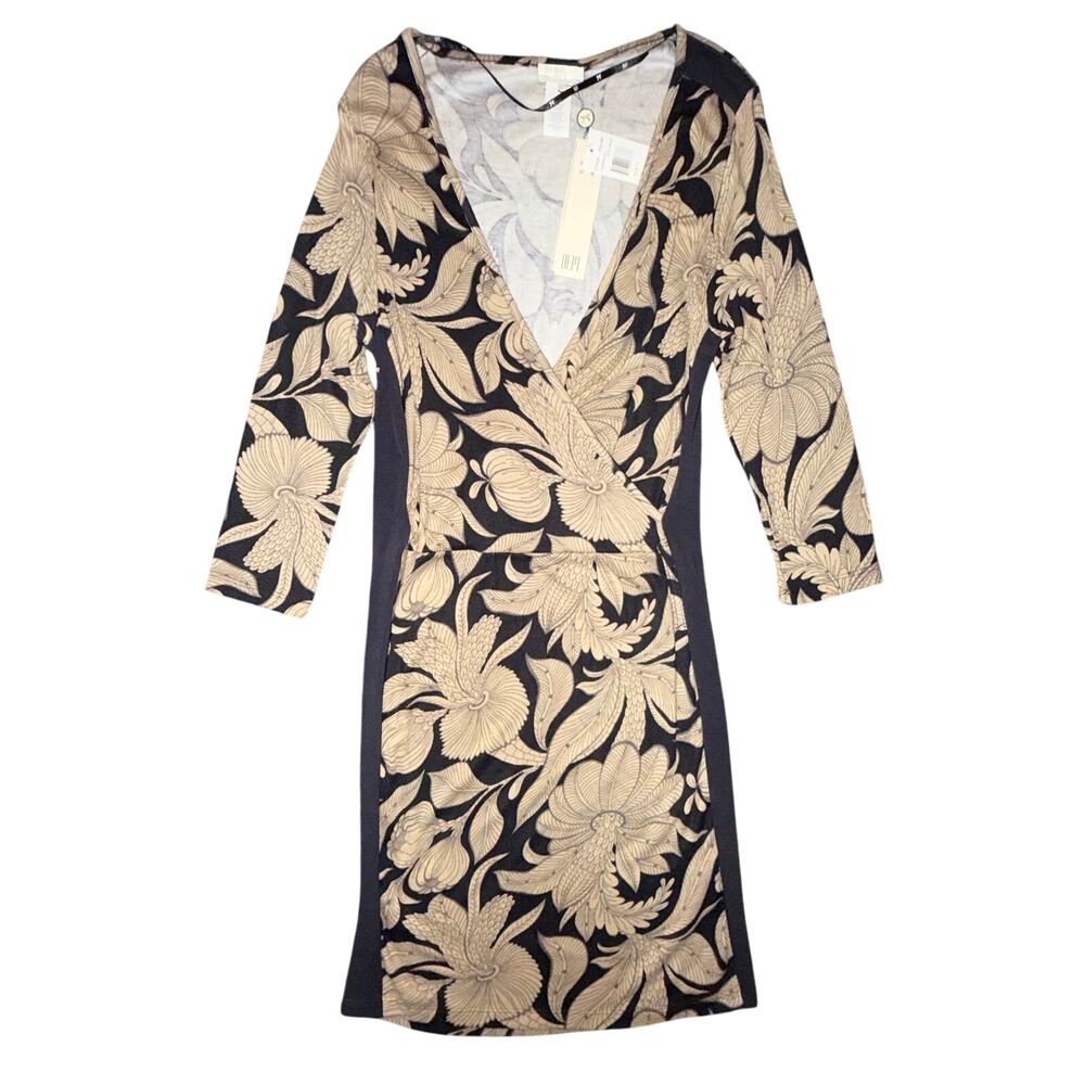DEPT NWT Floral Faux Wrap Dress Night Botanical Long Sleeve Jersey Knit L